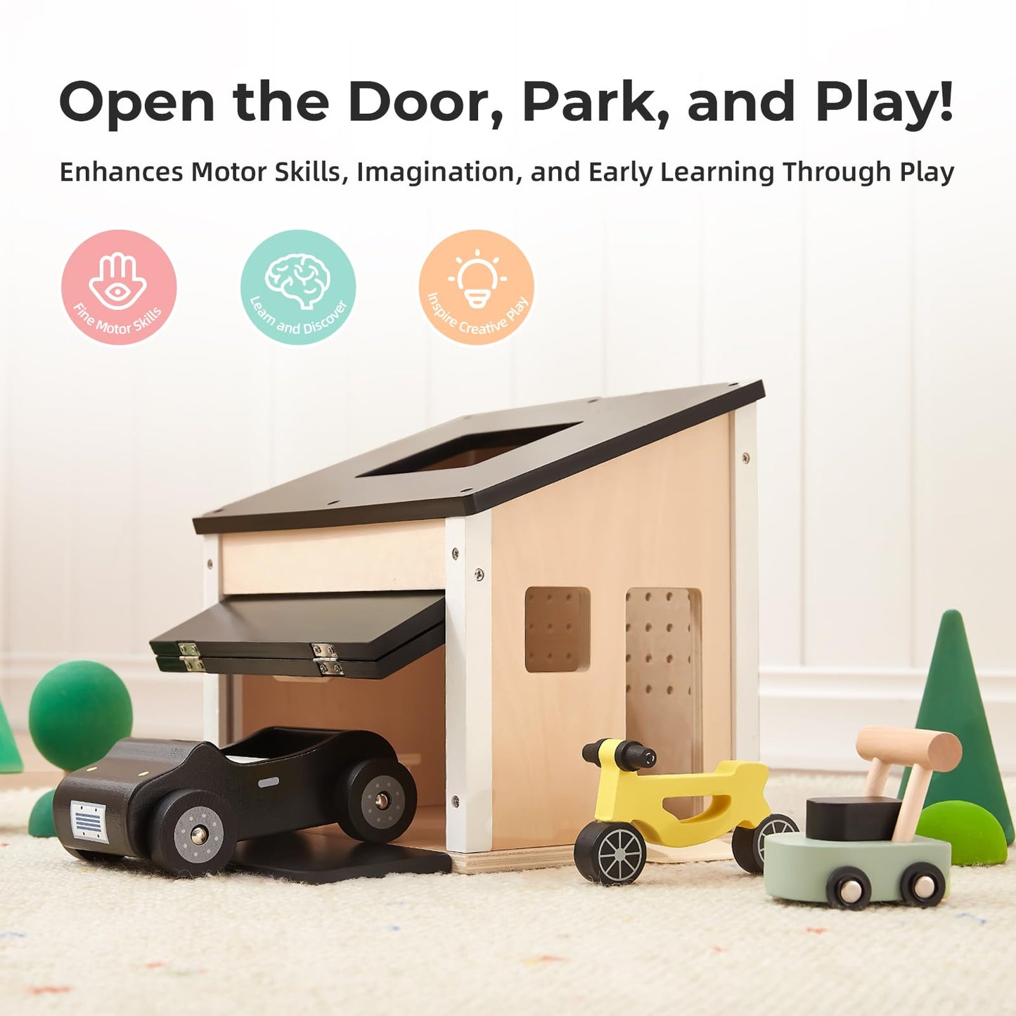OOOK Wooden Dollhouse Garage Set Includes Workbench, Lawn Mower, Bicycle and Car, Dollhouse Furniture & Accessories for Kids