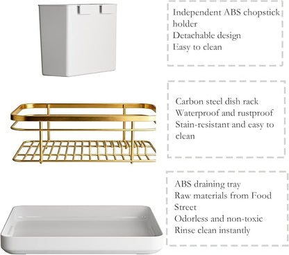 Dish Drying Rack for Kitchen Counter - Space-Saving Gold Dish Rack with Drip Tray & Cutlery Holder, Carbon Steel Removable Dish Drainer Rack