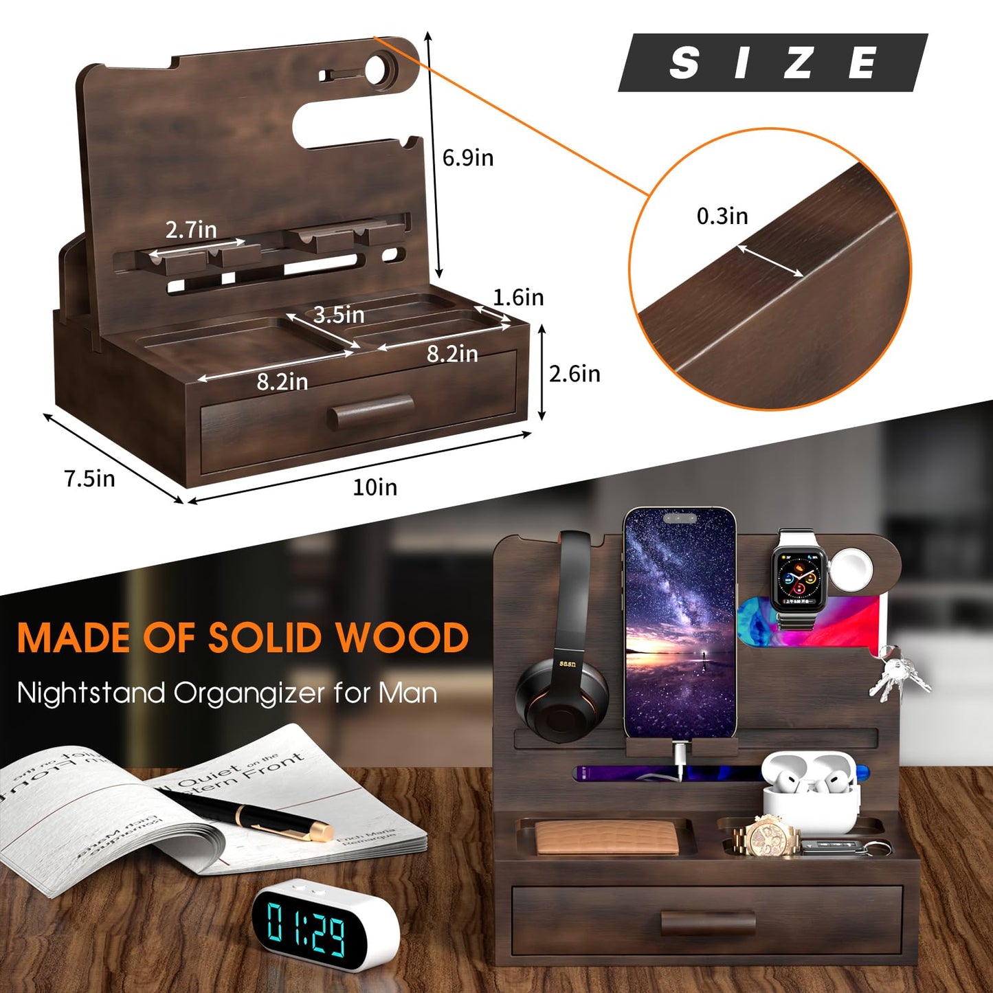 melafa365 Nightstand Organizer for Men,Phone Docking Station with Cable Management,Night Stand with Drawer,Bedside Organizer for Watches,Keys,Wallets,Gifts for Men(Brown)