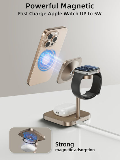 [Qi2 Certified ] LULULOOK 3 in 1 Charging Station with MagSafe, 15W QI2 Wireless Charger Stand Magnetic Charger for iPhone 17/16/15/14/13/12 Series, AirPods Pro/3/4, Apple Watch with 30W PD Adapter
