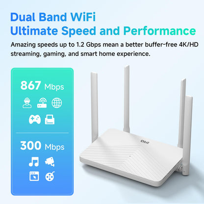 DBIT AC1200 Dual Band Mesh WiFi Router Long Range Wireless Internet Router with 4 x High-Power FEMs, 4 x 10/100/1000 Mbps Gigabit Ports, WPA3 Security, Parental Controls, Guest Network (T18-21K Pro)