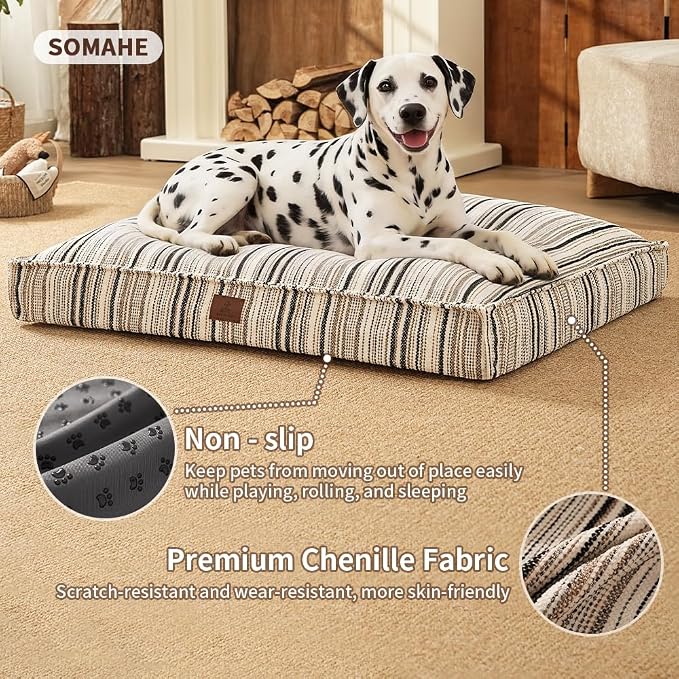 SOMAHE 4 Inch Orthopedic Dog Bed for Crate, 27 x 20 Inch, Coffee Chenille | Washable Removable Cover, Waterproof Inner Liner, Non-Slip Bottom, Orthopedic Dog Crate Mattress for Medium & Large Dogs