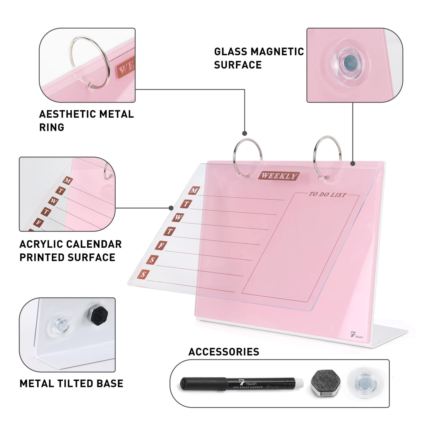 Desktop Glass Dry Erase & Acrylic Aesthetic Desk Calendar Weekly to-do List Combo, Small Magnetic Standing Whiteboard, Desk Flip Easel Calendar with Accessories for Home Office Supply, Pink, 9 x 7''