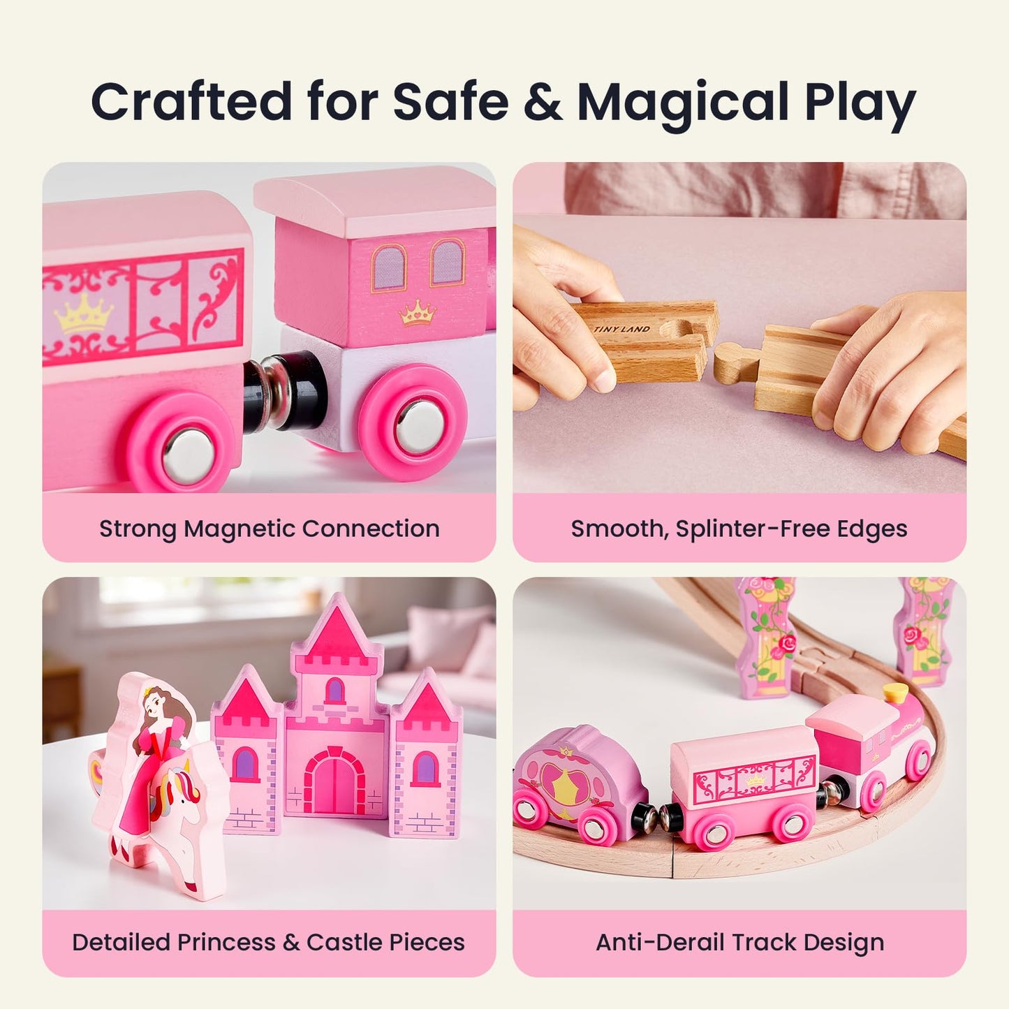 Tiny Land Wooden Train Set for Girls, 38PCS Unicorn Princess Train Set with Castle Bridge & Royal Accessories, Pink Fantasy Train Track Set, Gift for Toddlers Girl Toys Ages 3+