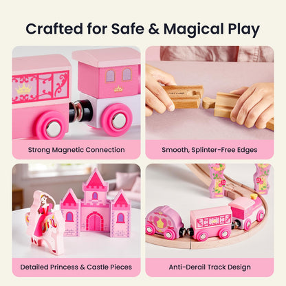 Tiny Land Wooden Train Set for Girls, 38PCS Unicorn Princess Train Set with Castle Bridge & Royal Accessories, Pink Fantasy Train Track Set, Gift for Toddlers Girl Toys Ages 3+