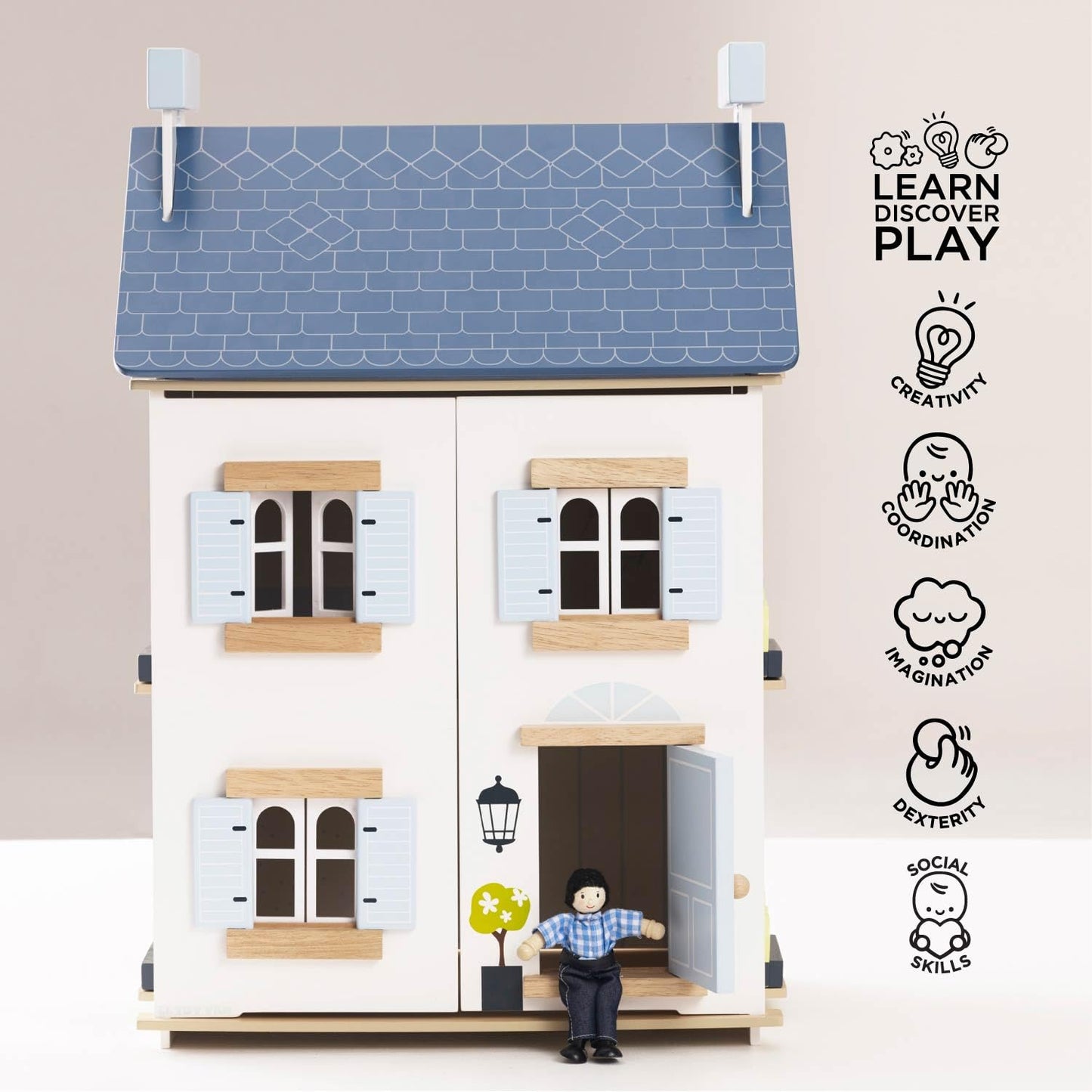 Le Toy Van - Wooden- Sky Doll House - Kids Dream House - 2 Storey with Attic - Fill with Dollhouse Accessories - Suitable for Ages 3+