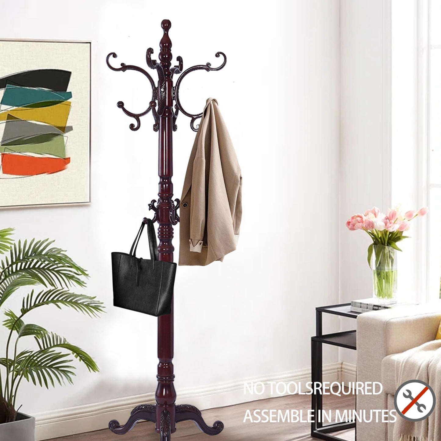 Hebtwebf Wooden Coat Racks, Retro 78" Coat Tree with 12 Hooks & Stable Triangular Base, Entryway Coat Rack Freestanding for Hat, Clothes, Scarves, Handbags, Umbrella (Mahogany)
