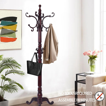 Hebtwebf Wooden Coat Racks, Retro 78" Coat Tree with 12 Hooks & Stable Triangular Base, Entryway Coat Rack Freestanding for Hat, Clothes, Scarves, Handbags, Umbrella (Mahogany)