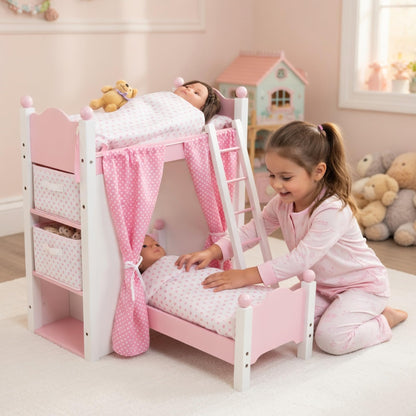 Emily Rose 18 Inch Doll Loft Bunk Bed Pink - Wooden Doll Bunkbed with Storage Shelves, Ladder, Removable Single Bed, 2 Polka Dot Bedding Sets & Curtains - Fits American Girl Dolls