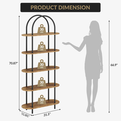 MilleLoom 71" Arched Bookshelf, 5 Tier Freestanding Open Bookcase with Sturdy Metal Frame, Modern Display Rack and Plant Shelf for Bedroom, Living Room, Home Office, Black and Retro