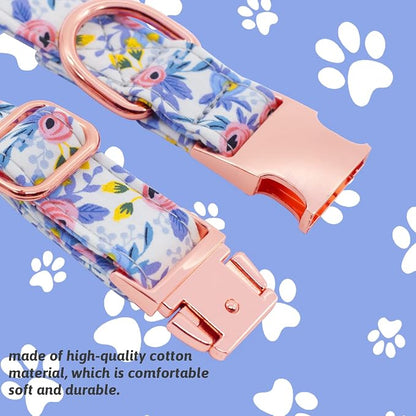 Dog Collar and Leash Set Girls Adjustable Puppy Collars with Floral Bow Tie for Small Medium Large Female Dogs, Blue Flower, M