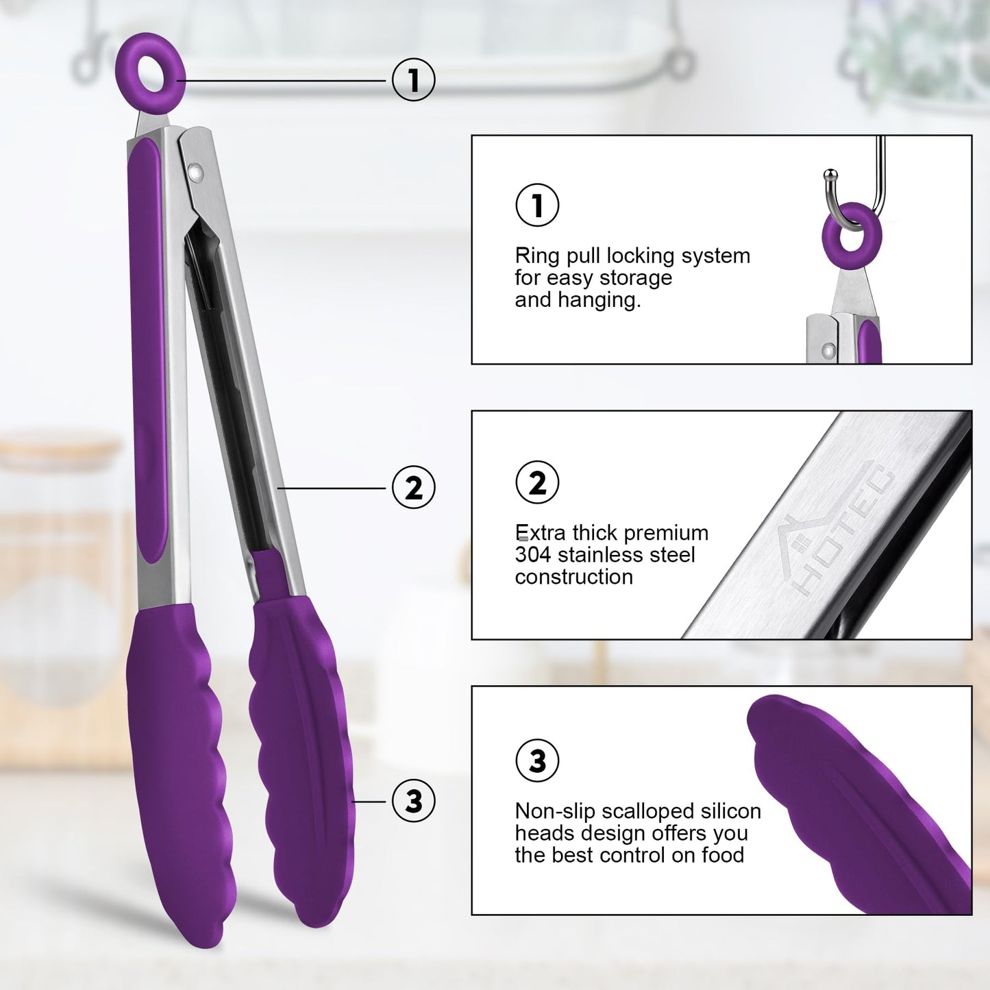 HOTEC Premium Stainless Steel Locking Kitchen Tongs with Silicon Tips, Set of 3-7", 9" and 12" (Purple)