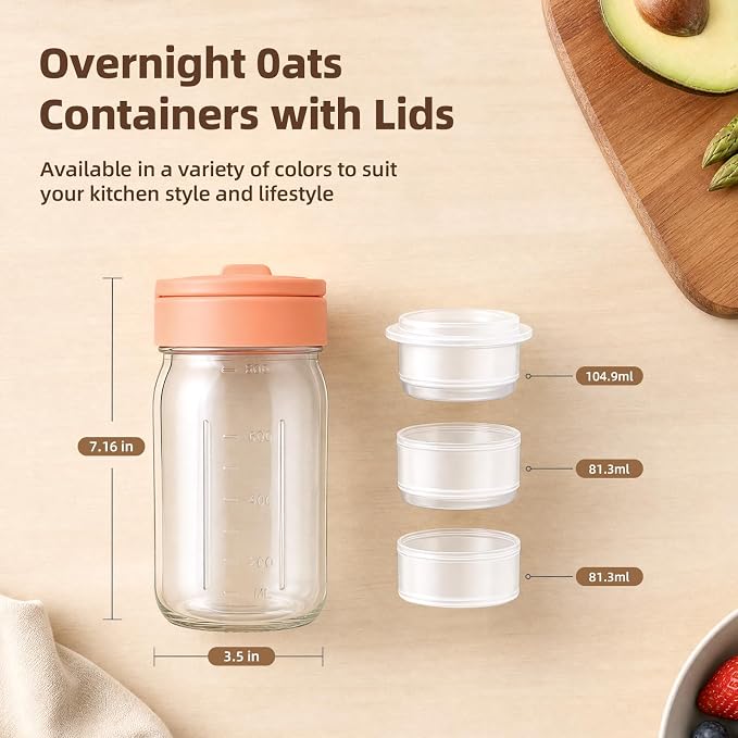 TQRR 32 OZ 4 Pack Overnight Oats Containers with Lids, Glass Storage Jar with Dry and Wet Separation, Leakproof Wide Mouth Mason Jars, Glass Jars with a Handle for Salads,Yogurt (2, Beige & Pink)