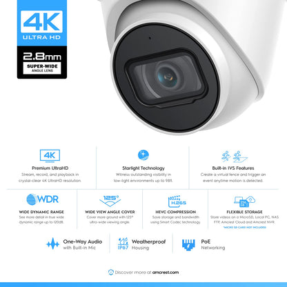 Amcrest 4K POE Security Camera System with 4K 8Ch PoE NVR (4) x 8 Megapixel Turret IP POE Cameras (3840x2160) Pre Installed 2TB Hard Drive NV4108E-IP8M-T2599EW4-2TB