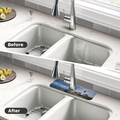Kitchen Sink Splash Guard Faucet Mat Lighthouse Beach Sky 15"x5.5", Diatom Mat