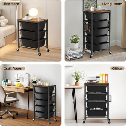Rolling Cart with 4 Drawers, Plastic Drawer Storage Carts with Wheels & Wooden Tabletop, Metal Utility Cart with Pegboards, Office Living Room Classroom Craft Organization and Storage, Dark Black