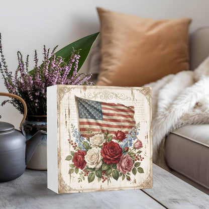 Independence Day Wood Box Sign Desk Decor, Retro American Red White Pink Rose Blue Flowers Decorative Wooden Block Box Sign Decorations for Home Office Shelf Table Decor 6x6 Inches