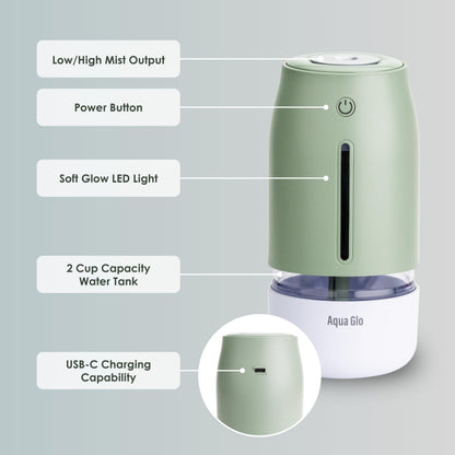 Airvana Aqua Glo Personal, Portable Humidifiers for Bedroom – Ultrasonic Cool Mist Humidifier with Built In Rechargeable Battery. Air Humidifier for Baby, Plants, Home, Office, Travel. Mint Green