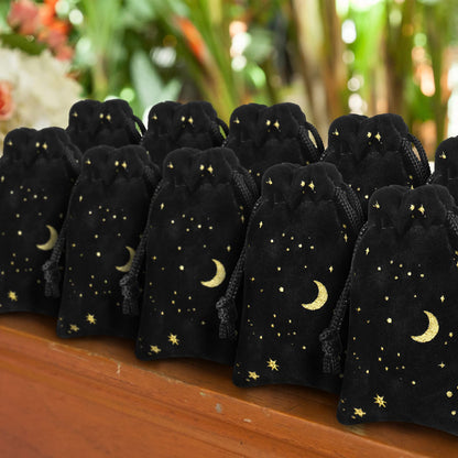 Hillban 30 Pcs 2 x 3 Inch Small Black Velvet Drawstrings Bags Bulk for Jewelry Moon Star Pouch with Drawstrings Jewelry Bags for Tarot Gift Packaging Graduation Wedding Anniversary Eid Mubarak