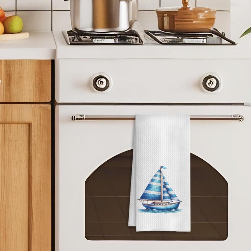 HUGANE Nautical Sailboat Kitchen Towels, Coastal Beach Hand Towels for Bathroom, Sailing Gifts for Women Men, Gifts for Boat Owners Sailors, Nautical Dish Towels, Boat Captain Gifts, 16x24 Inch