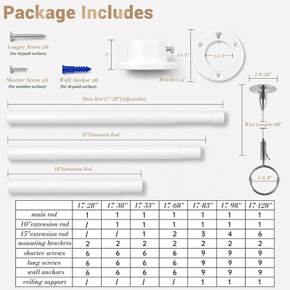 Closet Rod Adjustable 17 to 83 Inch, 1-1/4” Diameter, Closet Rods for Hanging Clothes, Stepless Metal Heavy Duty Hanging Rod for Closet Wardrobes Laundry RV (White)