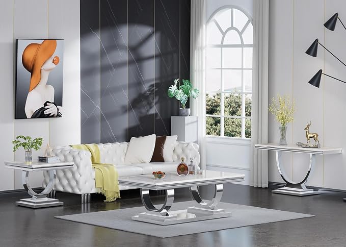 2 Piece Living Room Table Set Include 1 Faux Marble Coffee Table & 1 End Table, Modern White Silver Coffee Table Set of 2 with Double O Shape Stainless Steel Pedestal Base