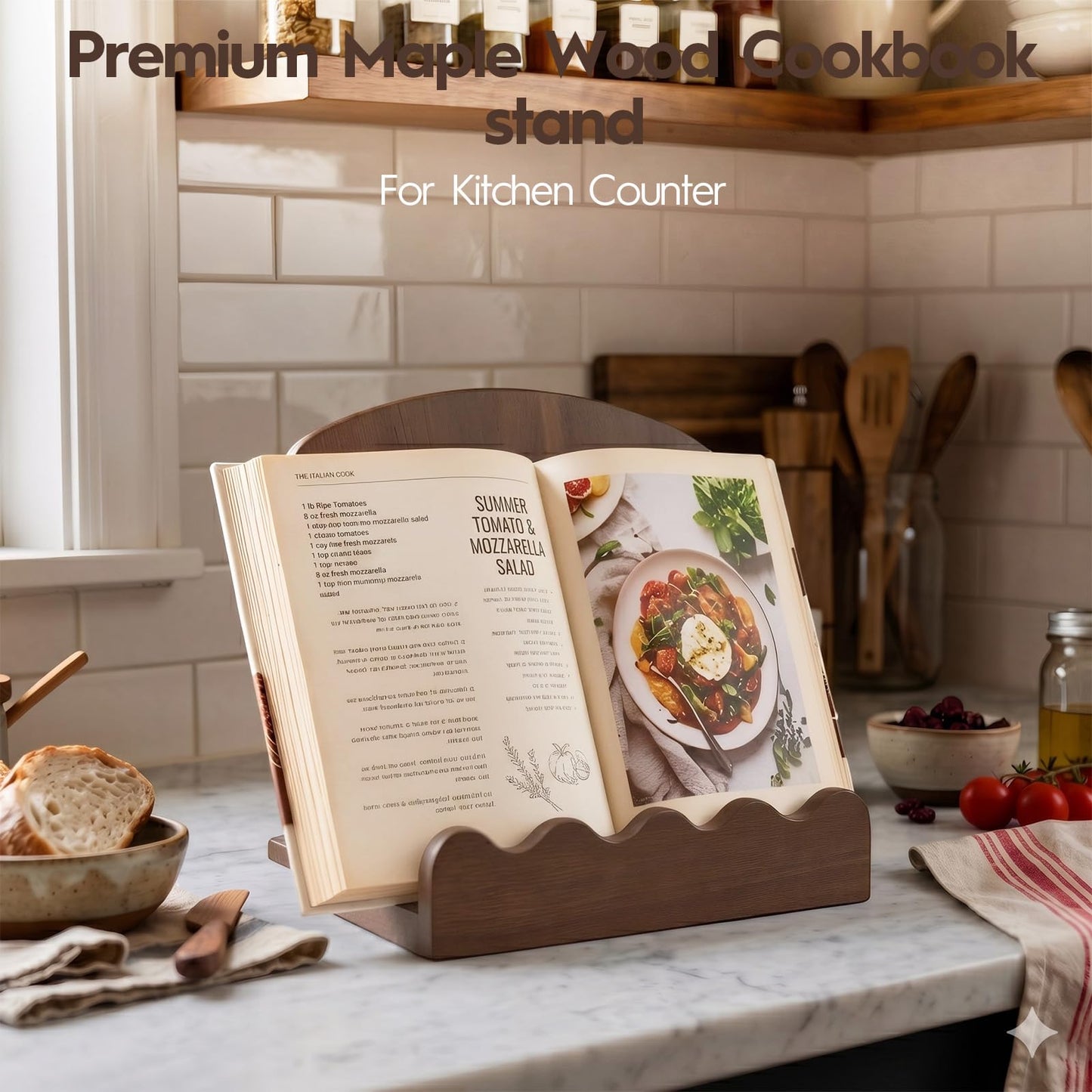 Scalloped Wooden Cookbook Stand for Kitchen Counter,2 in 1 Recipe Book Holder,Charcuterie Board & Kitchen Serving Tray,Durable Cook Book Holder Stand Easily Keeps Cook or Recipe Books Open