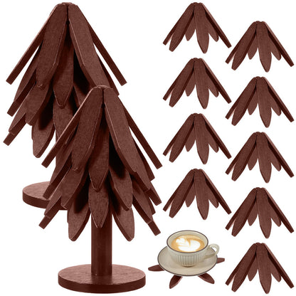 PercyEffie 10 Wooden Trivets for Hot Dishes 2 Set Christmas Tree Shape Trivet Set Natural Foldable 10 Wooden Tree Trivets + 2 Stand Stored Trees Coaster for Kitchen Table Hot Dishes Pot Bowl Teapot