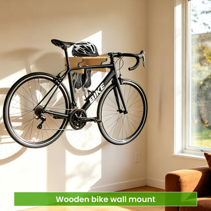 MTGSTOCL Wooden Bike Wall Mount with Shelf & 4 Hooks, Horizontal Bicycle Rack for Garage & Home, Scratch-Free Storage Holder for Road/Mountain Bikes, Space Saving & Easy Install