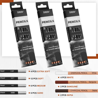 Geyoga 36 Pcs Charcoal Drawing Set Black White Brown Charcoal Pencils for Sketching, Shading, Blending, Portrait, for Beginners & Artists