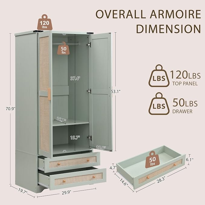 Brafab Armoire Wardrobe Closet with 2 Rattan Doors Set of 2, 71" Vintage Tall Freestanding Coat Closets with Drawers and Hanging Rail, Wooden Armoires Storage Cabinet with Shelf for Bedroom