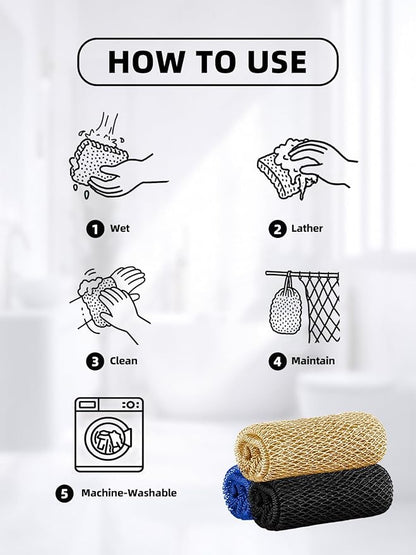 Cleangor 3Pcs African Net Sponge Authentic with Knots - Exfoliating Body | Scrubber for All Skin Types, African Bath Sponge, Wash Cloth, Gentle Exfoliation Shower Rag for Women Daily Use