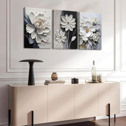 3Pcs Modern Abstract Floral Canvas Wall Art White and Black Flowers Wall Decor Pictures Elegant Daisy Poster Print Paintings for Office Living Room Bedroom Bathroom Home Decoration 12"x16"