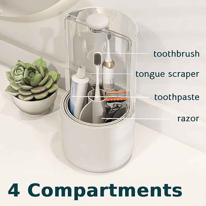 Toothbrush Holder with Cover 360 Rotating 4 Compartments Bathroom Toothpaste