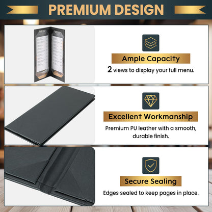AMGSH 12 Pack 2 View Menu Holder Menu Covers 4.25" x 11" | Black Leather Menu Sleeves Book Style for Restaurant Coffee Bars Wine List
