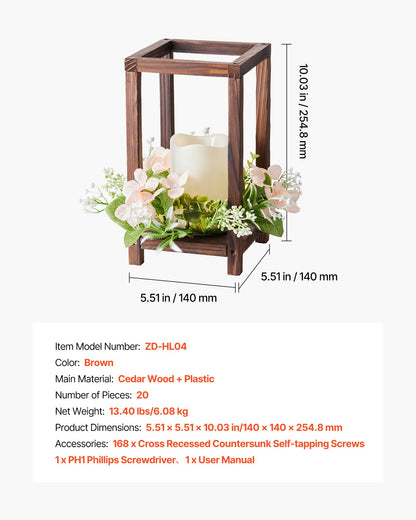 VEVOR 20 Set/60 Pcs Wooden Wedding Lantern Centerpiece, Includes 20 Wooden Lantern Candle Holder 20 Flameless LED Candle 20 Champagne Flower Wreath for Wedding Table Party Farmhouse Decor, Brown