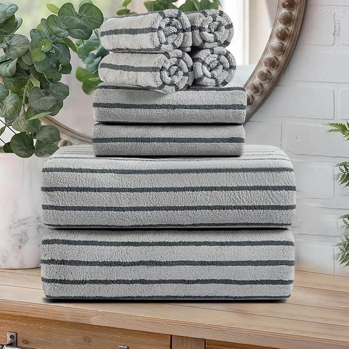 Oliven 8 Pcs Gray Cabana Stripe Bath Towel Set Oversize Bath Sheet-2 Bathroom