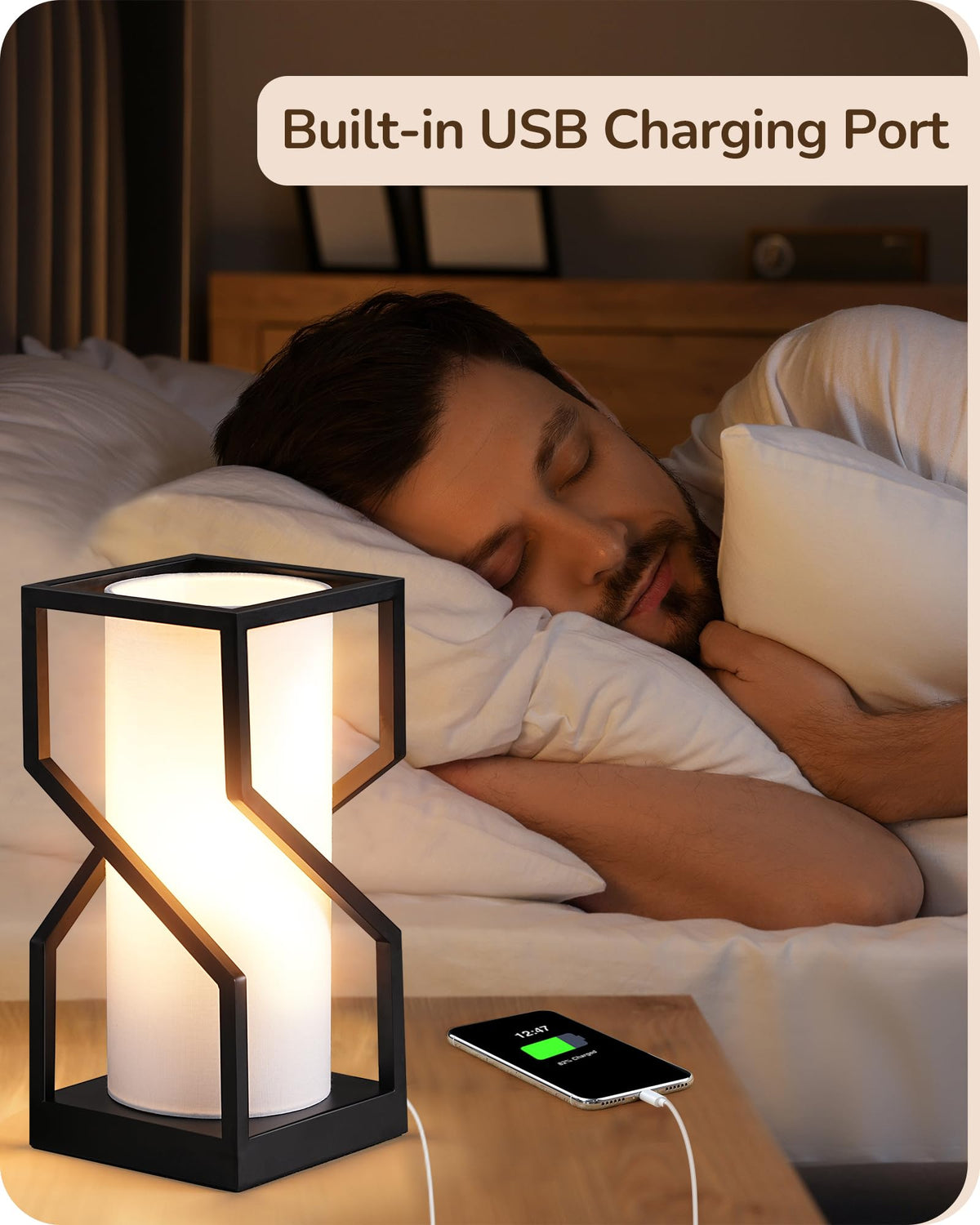 EDISHINE Modern Table Lamp with Linen Lampshade, USB Port, Touch Control, 9W 2700K Bulb, White, Model c51d7bb7-b818-47