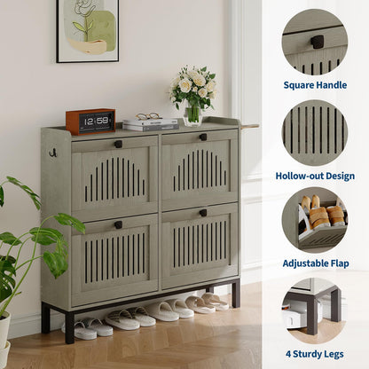 IDEALHOUSE Shoe Cabinet with 4 Flip-Drawers, Wooden Entryway Storage Organizer with Adjustable Shelf, Hidden Shoe Rack for Hallway & Living Room, Grey