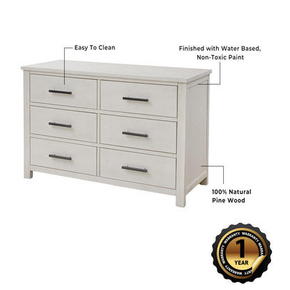Sorelle Westley Double Dresser - 6 Drawer Solid Wood Nursery Dresser with Smooth Drawer Glides and Anti-Tip Kit, Convertible Changing Surface Ready, Brushed Ivory