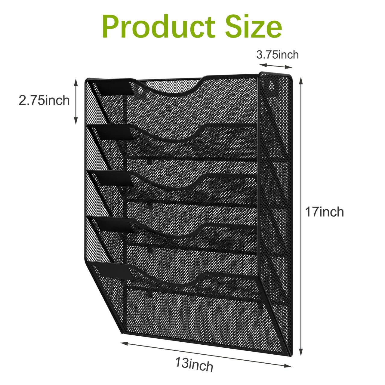 EasyPAG Wall File Organizer 5 Tier Hanging Paper Folder Holder, Zero Assembly Metal Mesh Wall Mounted Mail Organizer for Office Home Classroom Narrow Spaces, Black