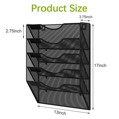 EasyPAG Wall File Organizer 5 Tier Hanging Paper Folder Holder, Zero Assembly Metal Mesh Wall Mounted Mail Organizer for Office Home Classroom Narrow Spaces, Black
