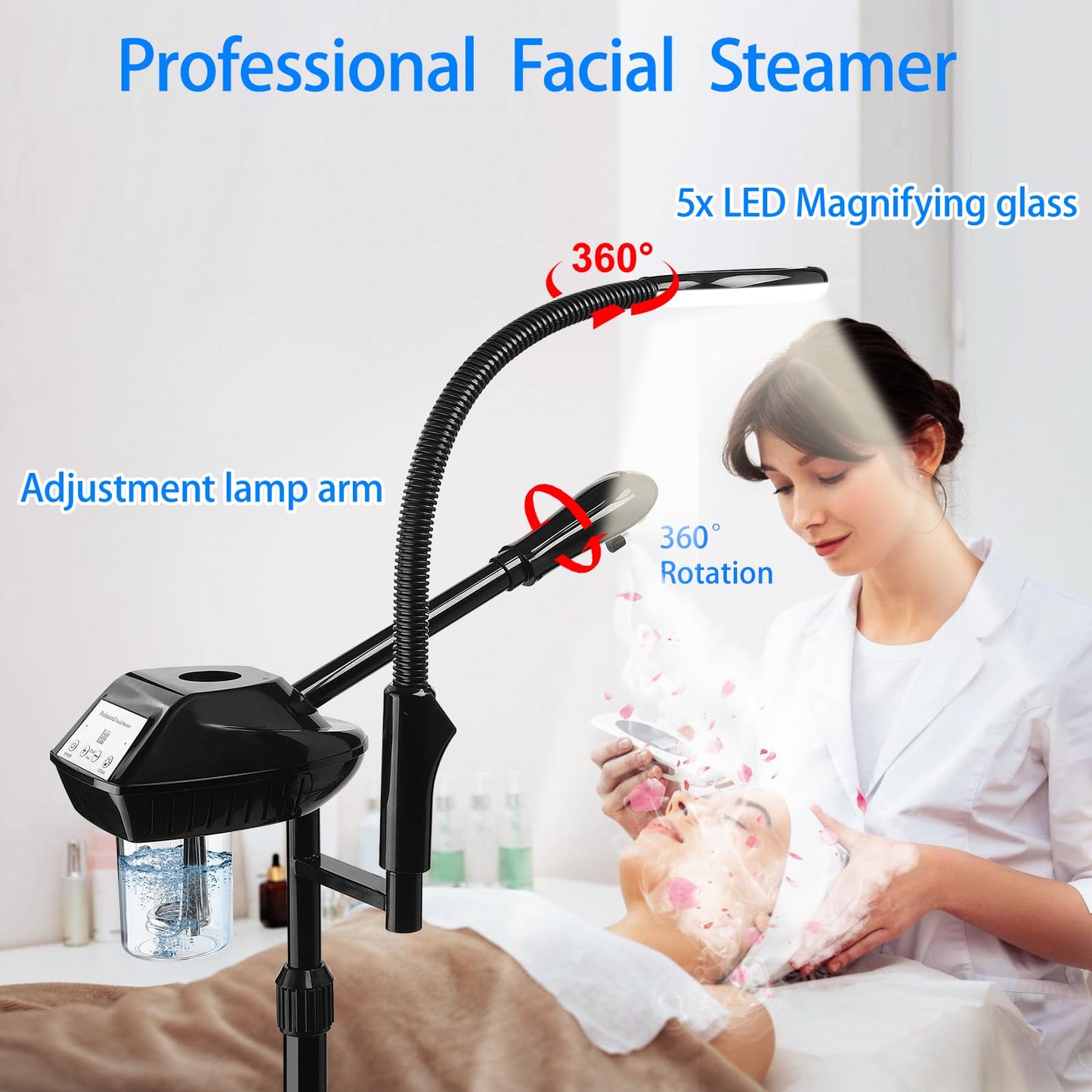 Professional Facial Steamer on Wheels, Facial Steamer for Facial Deep Cleaning, Facial Humidifier for Spa, Adjustable Height for Spa, Salon and at Home Use