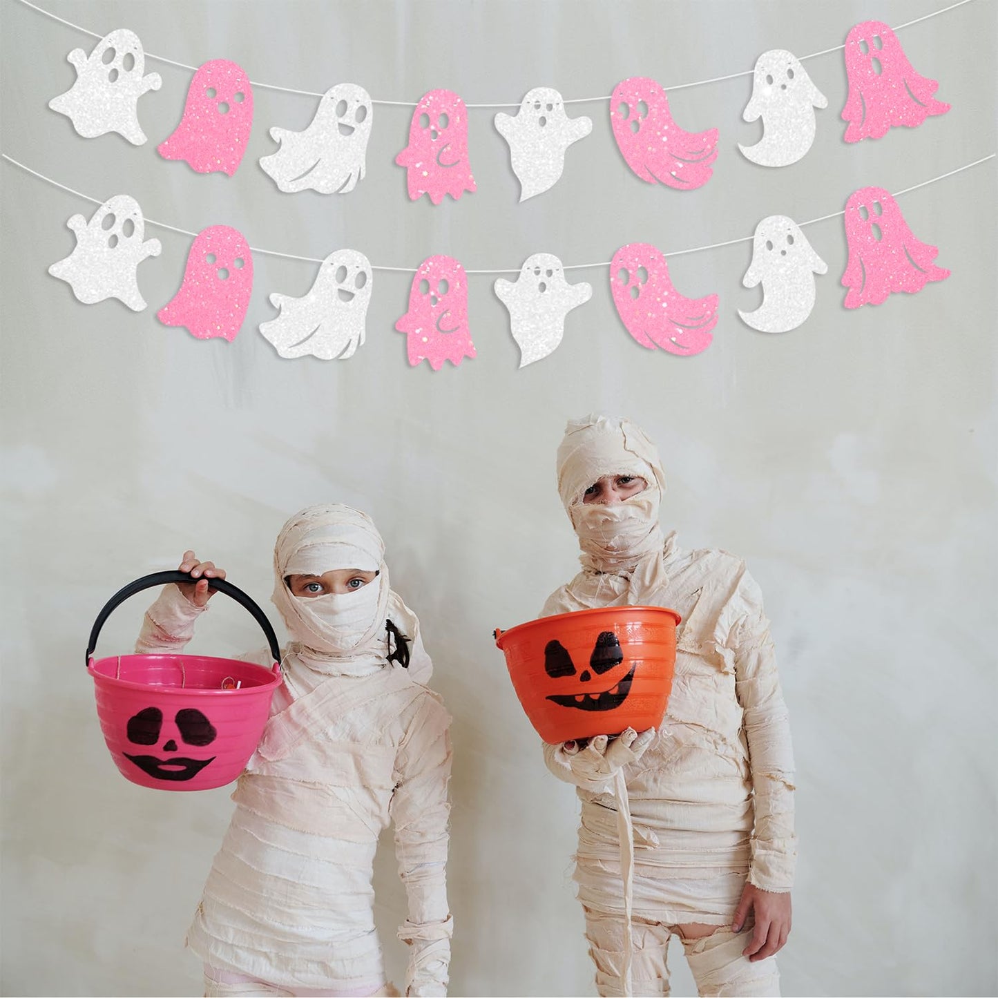JKQ 3 Pack Glitter Halloween Ghost Banner White Pink Glittery Happy Halloween Party Ghost Hanging Decorations for Haunted Houses Indoor Outdoor Home Wall Mantle Fireplace Mansion Party Supplies