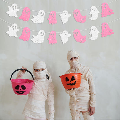 JKQ 3 Pack Glitter Halloween Ghost Banner White Pink Glittery Happy Halloween Party Ghost Hanging Decorations for Haunted Houses Indoor Outdoor Home Wall Mantle Fireplace Mansion Party Supplies