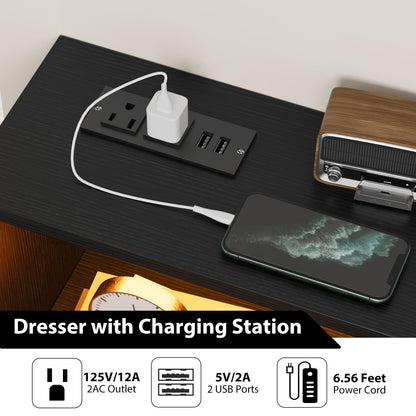 GarveeLife Modern 6 Drawer Dresser with LED Lights & Charging Station - Spacious Wooden Storage Cabinet - Sturdy Metal Legs - Ideal for Bedroom, Living Room, Hallway, Entryway - Color: Black