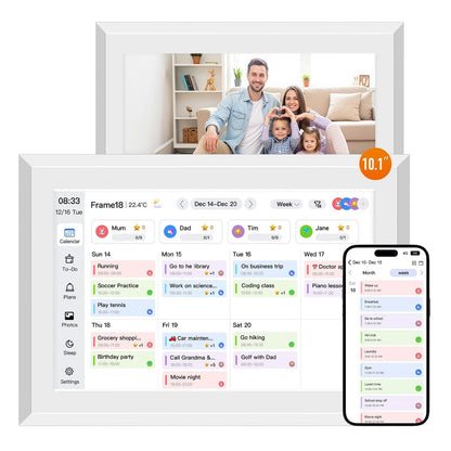 10.1" Smart Digital Calendar and Cloud Photo Frame Wall Planner with Chore Charts Meal Planning 32GB Storage 1280x800P IPS Touchscreen Desk Calendar Interactive Display for Family Schedules White