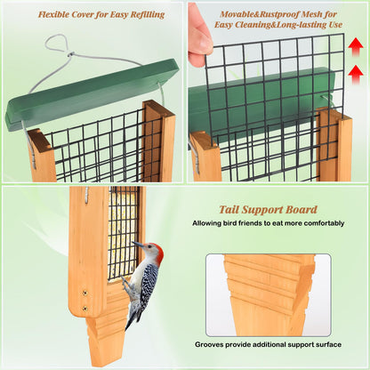Gbekery Wooden Suet Bird Feeder for Outside Hanging, Woodpecker Suet Feeder with Tail Prop, Hanging Bird Feeder for Wild Birds, 1 Pack, Green