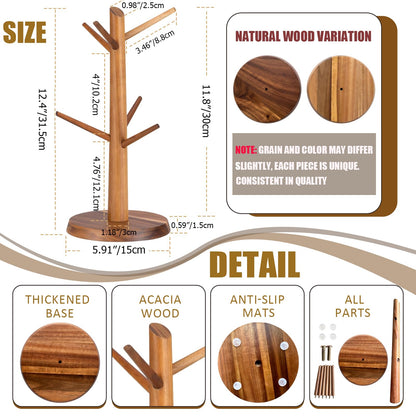 Onedeful Mug Holder Tree, Acacia Wood Mug Rack with Stable Base, 6-Hook Mugs Stand for Tea & Coffee Cups, Kitchen Countertop & Coffee Bar Organizer