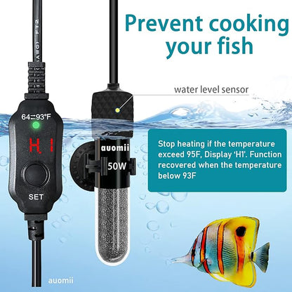 Small Submersible Aquarium Heater,Adjustable Mini Fish Tank Heater 25/50/100/150/200/300 Watts with External Temperature Controller, LED Display, Smart Memory, Used for 1-60 Gallons (25W)